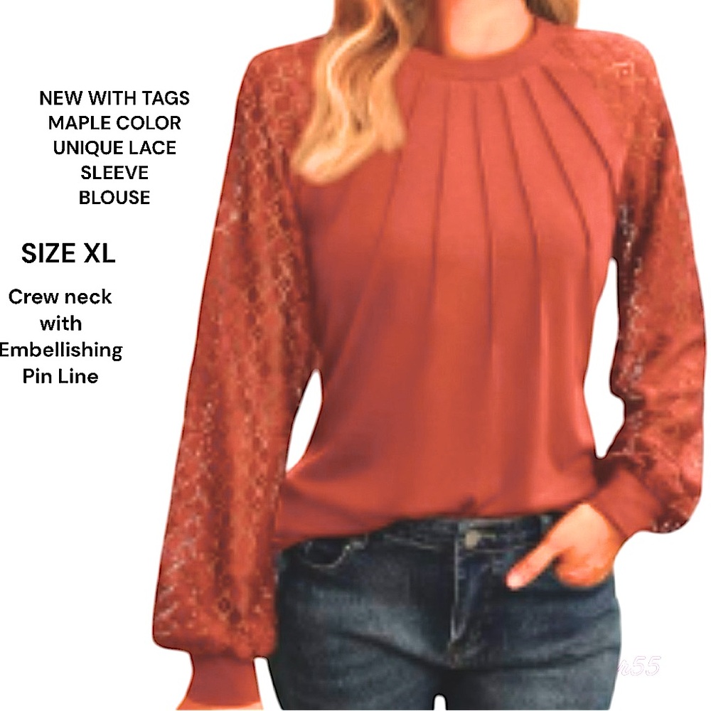 NEW WITH TAGS MAPLE 🍁 COLOR LACE SLEEVED UNIQUE BLOUSE-CREWNECK, Y2k-SIZE XL